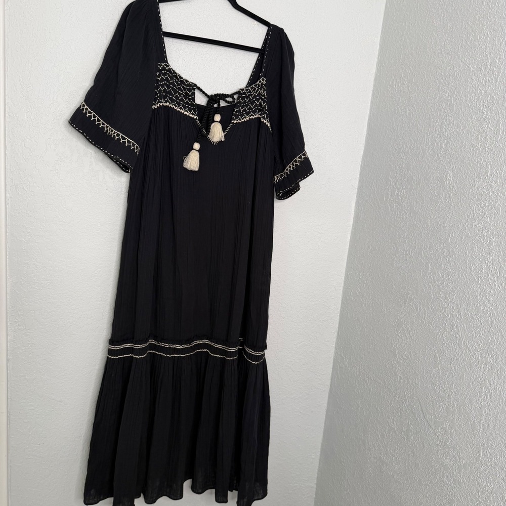 Free People Black Embroidered Gauze Maxi Dress Tassel Tie Back OB1118181 Mens M - Picture 4 of 5